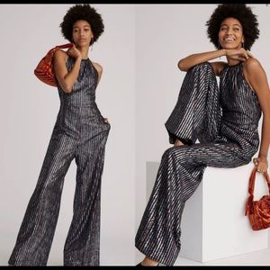 Maeve Anthropologie Sequin Disco Halter Silver Black Sparkly Dressy Jumpsuit 6